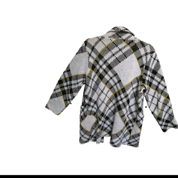 Love Ever After Sweater Knit  Cardigan Black White Yellow Open Pockets Plaid XL - Picture 3 of 13
